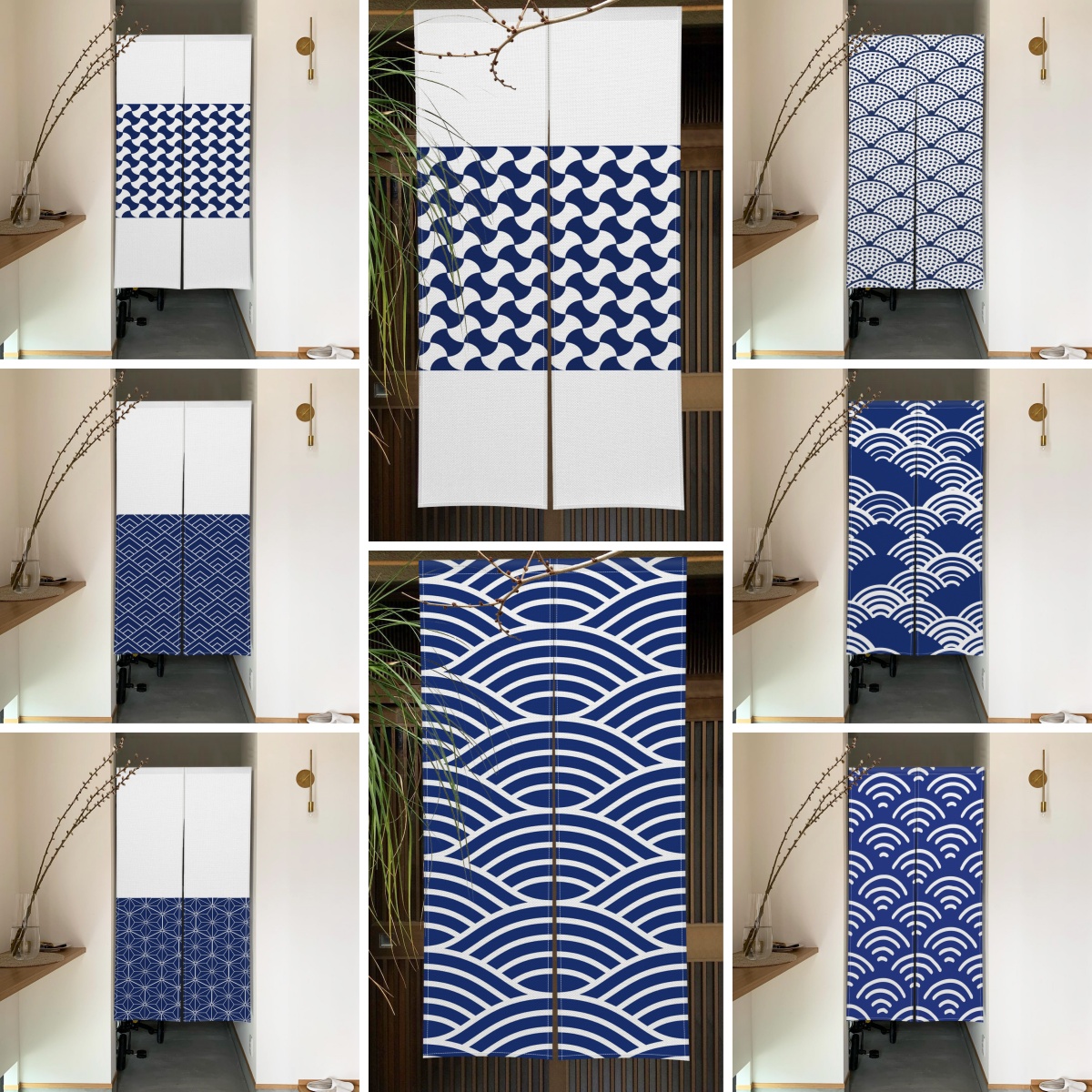 Noren Curtain Doorway - Japanese Linen Noren Blue White Wave