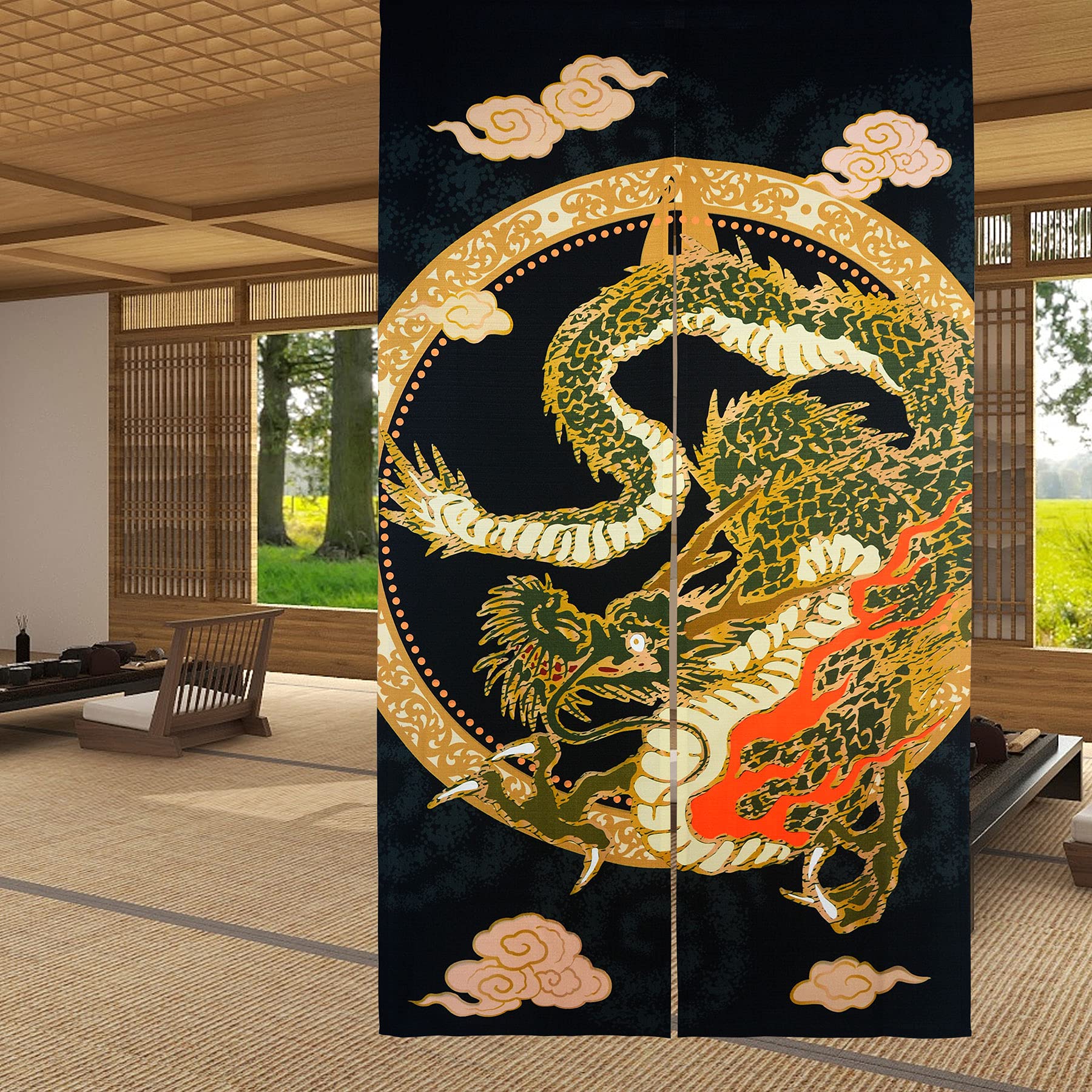 Noren Curtain Doorway - Traditional Chinese Dragon Flying on The